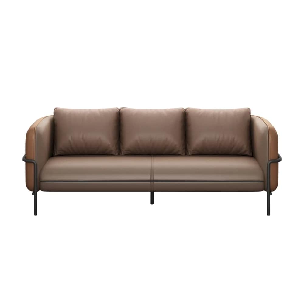A modern three-seater sofa upholstered in brown leather, featuring a slender black exposed metal fra… — 3D model