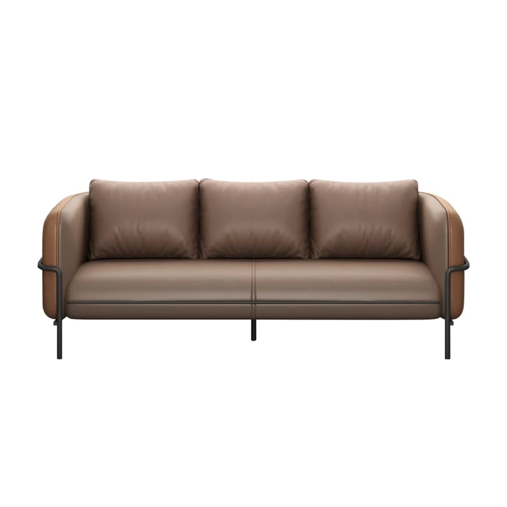 A modern three-seater sofa upholstered in brown leather, featuring a slender black exposed metal frame that supports the structure and wraps around the arms. It has three back cushions and a single seat cushion, all with piped edges. The armrests are rounded and integrated, with a lighter brown accent panel on the exterior. — 3D model