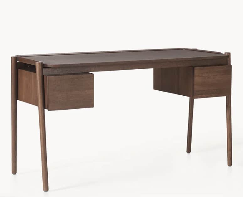 A modern, minimalist writing desk constructed from dark-stained wood. It features a rectangular top… — 3D model