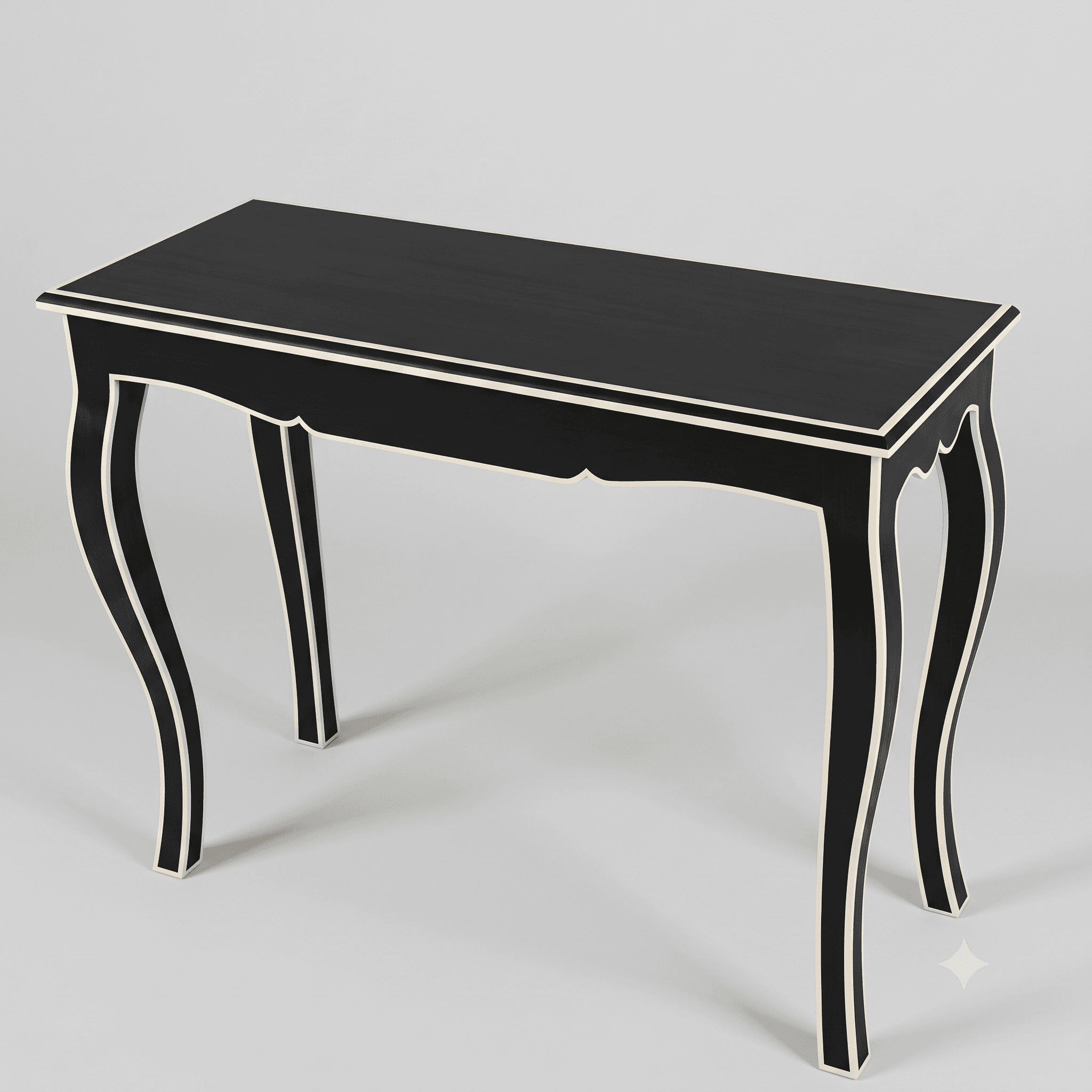 A narrow, rectangular console table featuring cabriole legs and a black finish with contrasting white trim. The tabletop is simple, while the apron and legs exhibit curved, ornate forms reminiscent of Neoclassical or Baroque revival styles. — 3D model