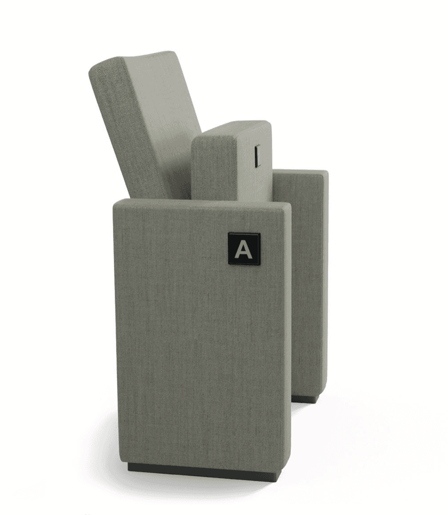 A single upholstered auditorium chair, presented from a side perspective. It features gray textured… — free BLEND 3D model