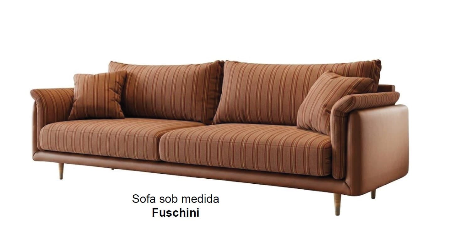 A contemporary three-seater sofa featuring a distinctive blend of materials and textures. The main body, including the arms and lower frame, is upholstered in a smooth, solid brown material, likely faux leather or a similar synthetic fabric. The seat cushions, back cushions, and accent pillows are covered in a contrasting lighter brown fabric with subtle vertical pinstripes. The sofa has a low-profile design, supported by slender, tapered metal legs, providing an elevated and modern aesthetic. It includes two large back cushions, two seat cushions, and three smaller accent pillows, all contributing to a comfortable and stylish appearance. — 3D model