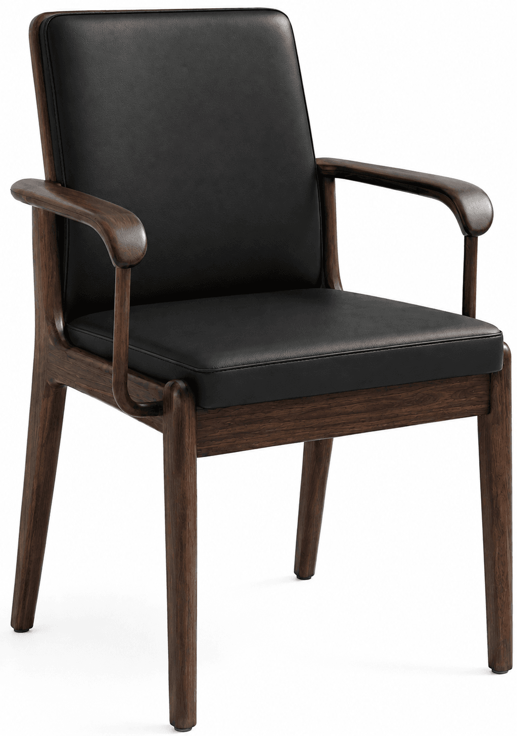 A modern armchair featuring a dark brown wood frame and black upholstered seat and backrest. The design is sleek with clean lines, rounded armrests, and slightly tapered legs. — 3D model