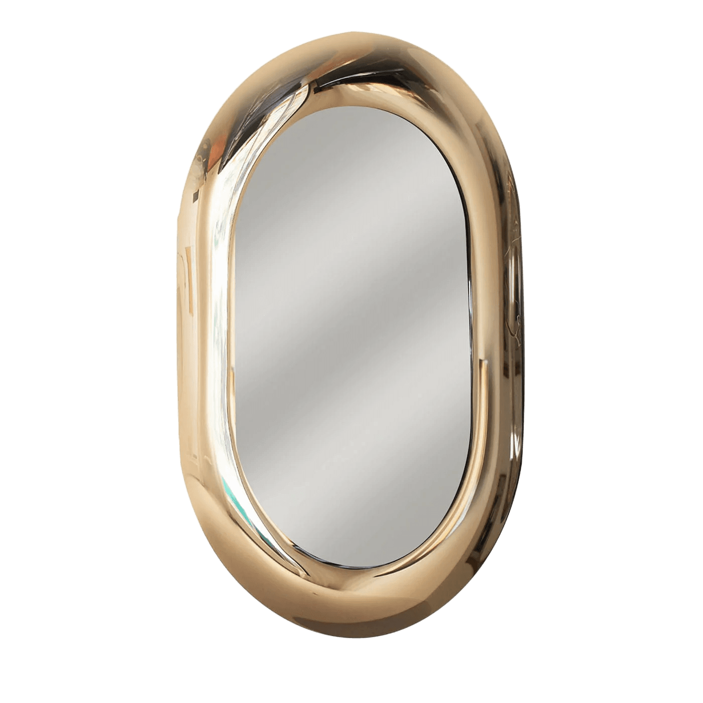 An oval-shaped mirror with a thick, bulbous frame. The frame has a high-gloss finish and appears to be made of metal, possibly brass or a similar alloy. The reflective surface of the mirror is clear and undistorted. The overall design is contemporary and sculptural. — 3D model