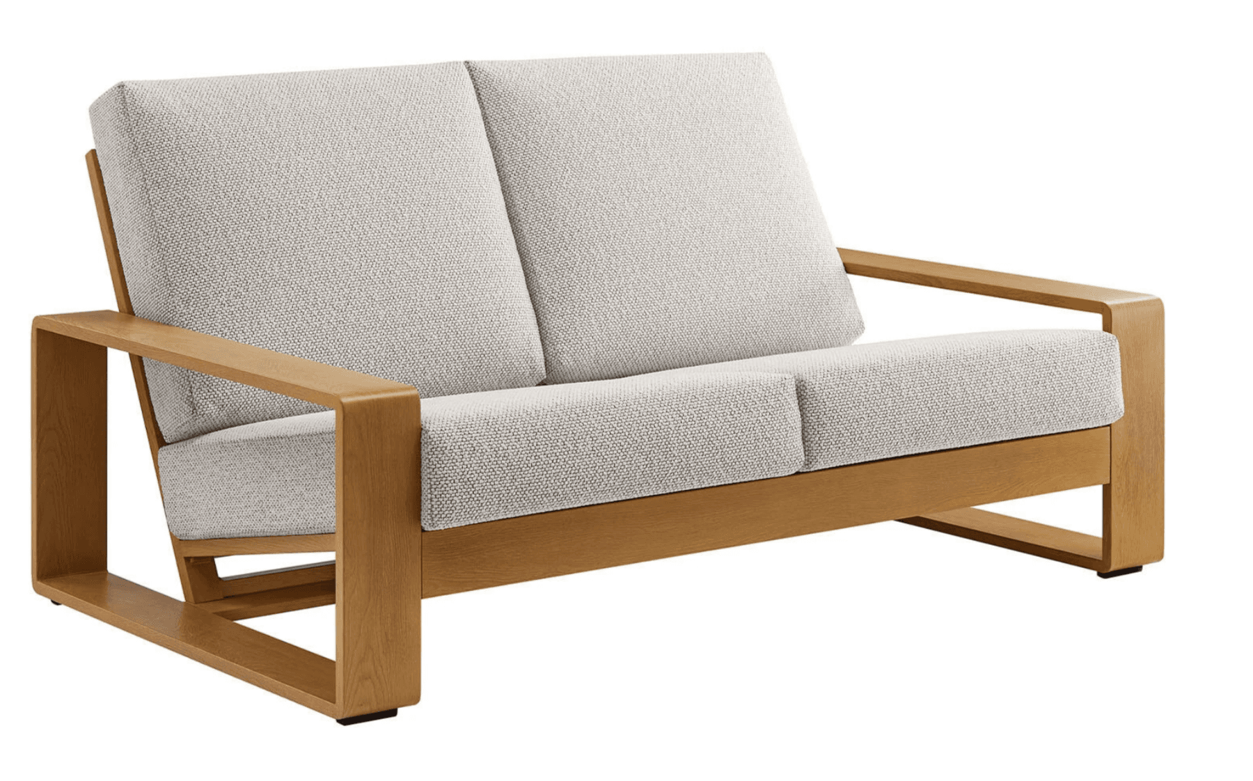 A modern two-seater sofa with an exposed wooden frame and light-colored upholstered cushions. — 3D model