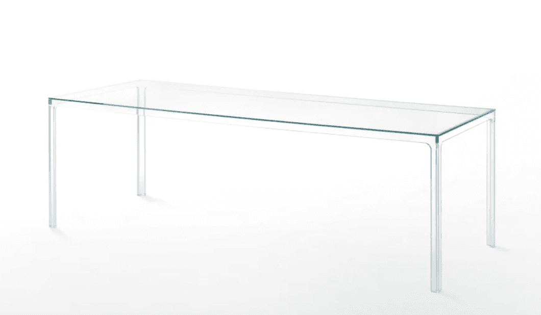 A minimalist, rectangular table constructed entirely from clear glass, featuring a transparent top a… — 3D model