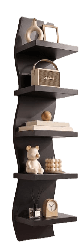 A tall, dark-finished wall shelf featuring a distinctive wavy back panel and five rectangular shelves, designed for modern interiors. — 3D model