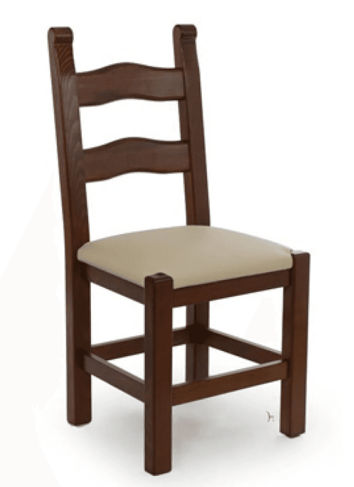 A dark brown wooden dining chair featuring a classic ladder-style backrest with two horizontal slats. The chair has a comfortable, light beige upholstered seat and sturdy, square-profile legs reinforced by stretchers. — 3D model