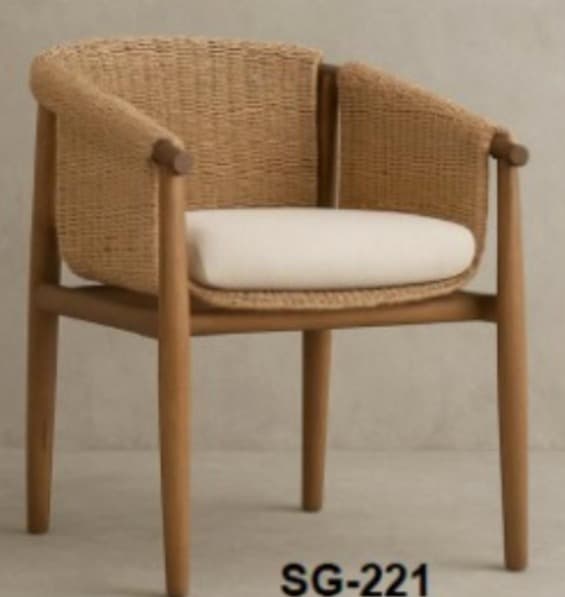 An armchair featuring a solid wood frame with a curved, woven rope backrest and integrated armrests, complemented by an off-white upholstered seat cushion. — 3D model