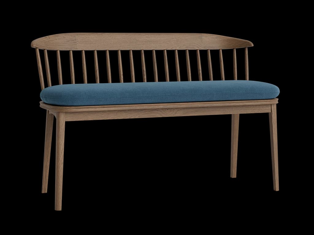 A contemporary wooden bench featuring a slatted backrest and a removable upholstered seat cushion. The frame is crafted from light-toned wood, likely oak, with a natural finish. — 3D model