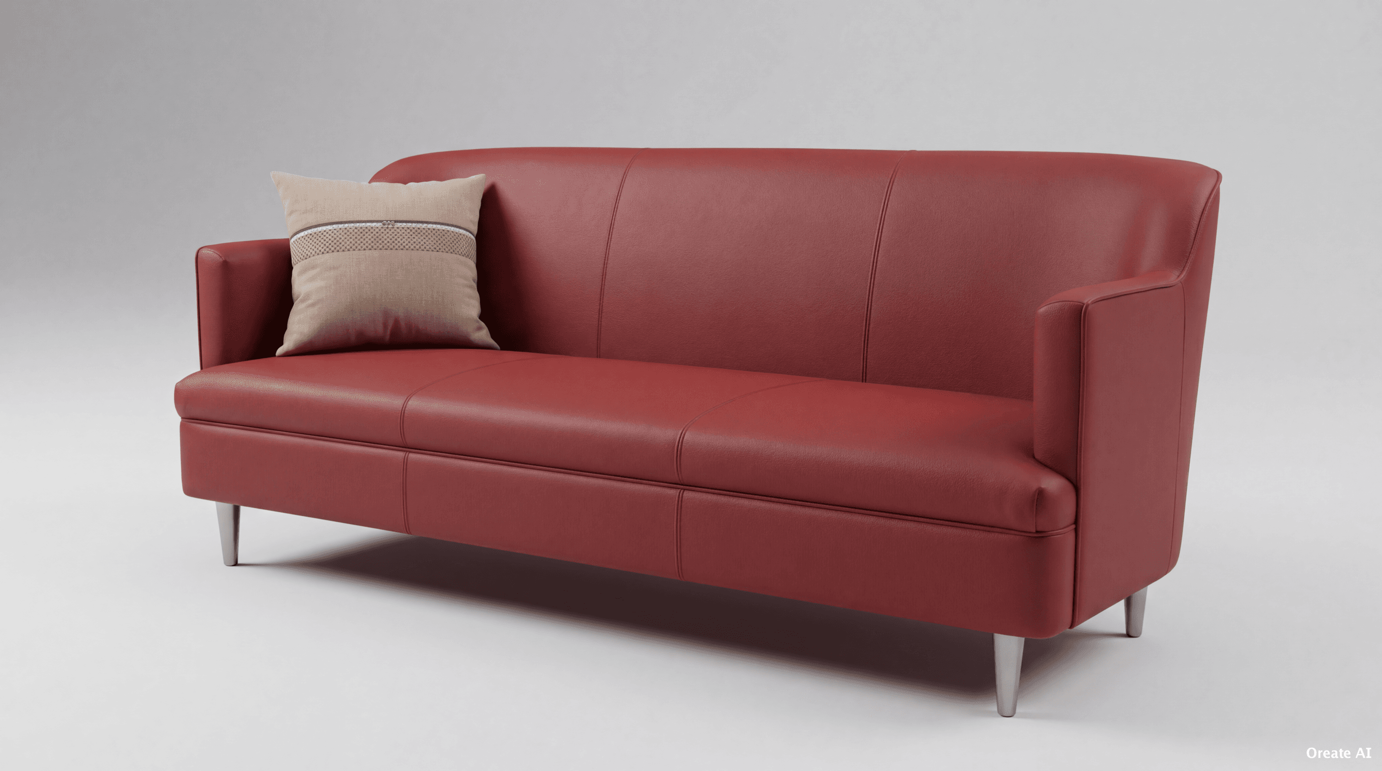 A contemporary three-seater sofa upholstered in a rich red material, likely leather or faux leather. It features a gently curved backrest that seamlessly transitions into low, squared-off track arms. The seating area consists of three defined cushions, and the back appears to have horizontal stitching suggesting separate back cushions. The sofa is supported by four slender, tapered metal legs in a silver or chrome finish. — 3D model