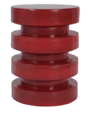 A deep red, cylindrical, sculptural stool or pedestal, featuring a series of stacked, rounded, concave and convex segments that create a distinctive, hourglass-like profile. The surface is smooth and appears to have a high-gloss or lacquered finish. — 3D model