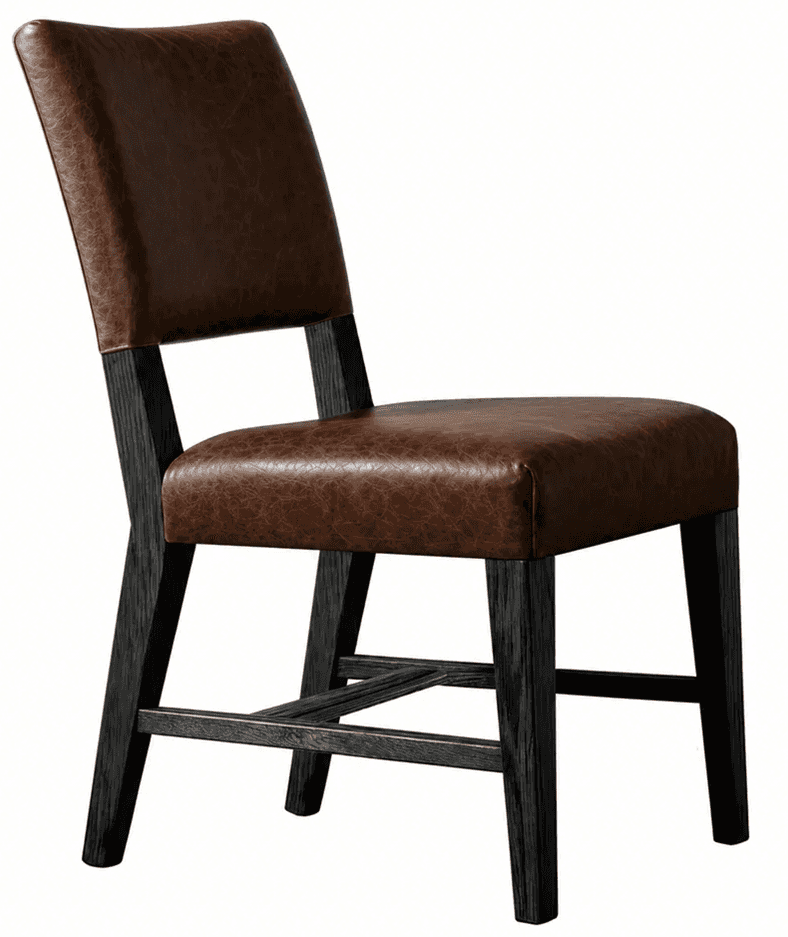 A contemporary dining chair featuring a padded, brown distressed faux leather upholstery for both th… — 3D model