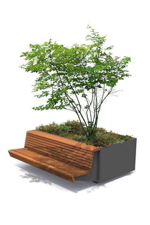 An integrated outdoor seating and planter unit featuring a slatted wooden bench cantilevered from a… — free OBJ 3D model