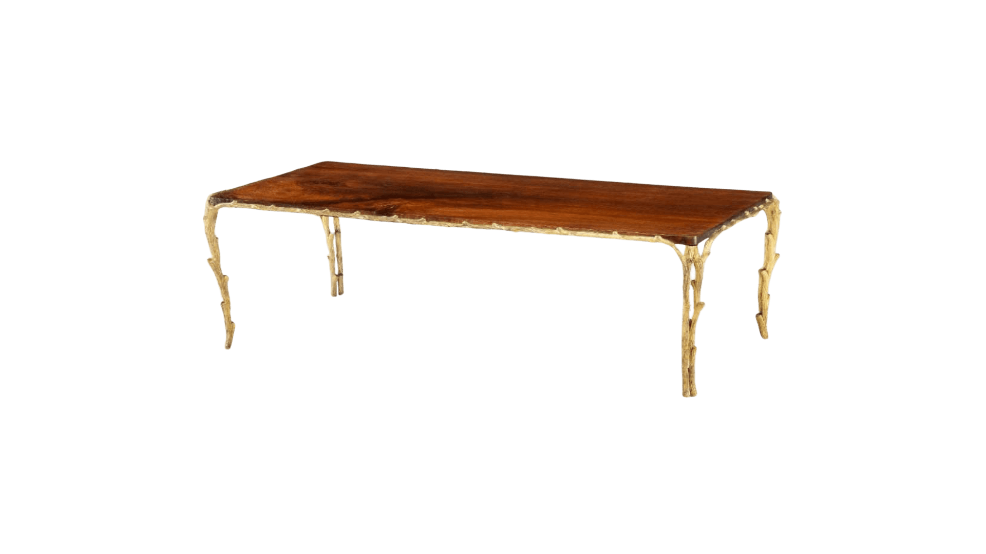 A console table with a rectangular wooden top and stylized, branch-like legs. The top appears to be made of a single piece of wood with a naturalistic edge. The legs are slender and have a textured, golden finish, resembling intertwined branches or twigs. The overall design blends natural elements with a decorative metal base. — 3D model