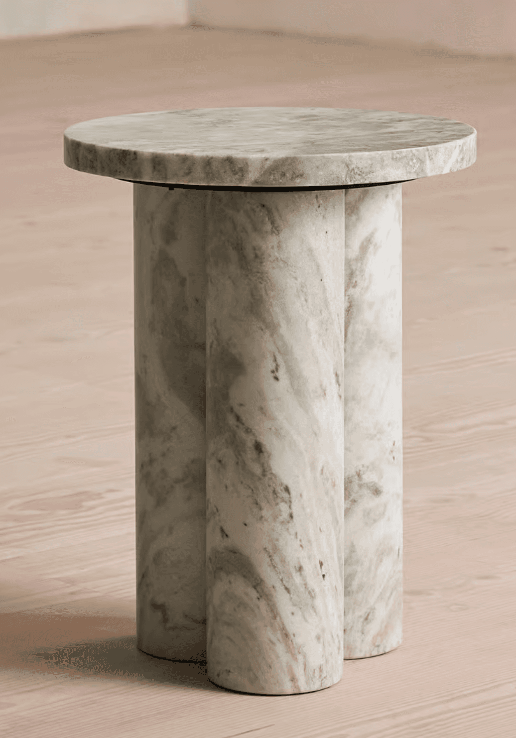 A round-topped side table with a tri-columnar base. The tabletop is a flat disc, and the base consis… — 3D model