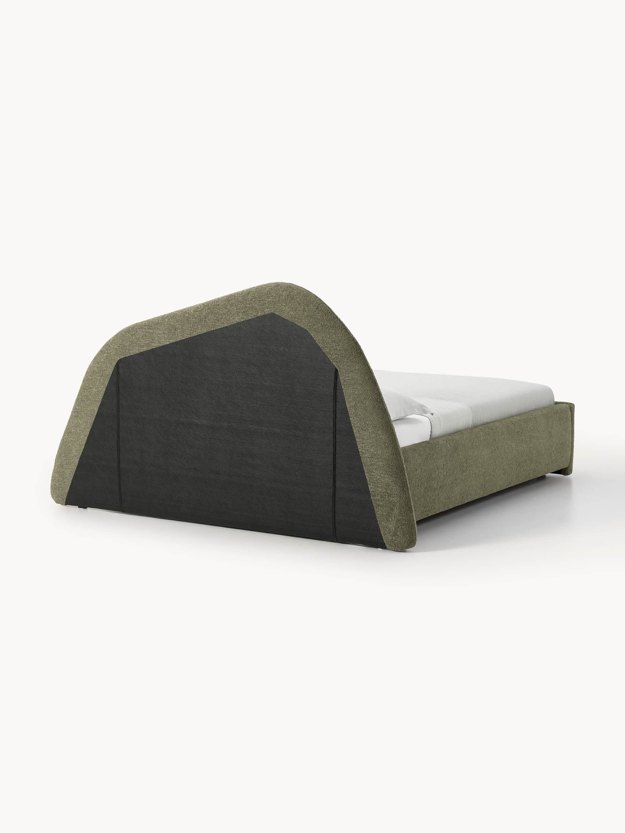 This is an image of a modern upholstered platform bed featuring a distinctive, large, and sculptural… — free BLEND 3D model