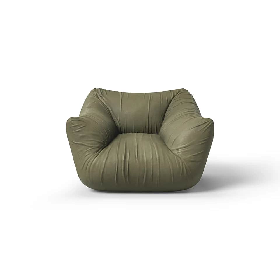 A contemporary, low-profile lounge chair featuring voluminous, plush upholstery in an olive green co… — 3D model