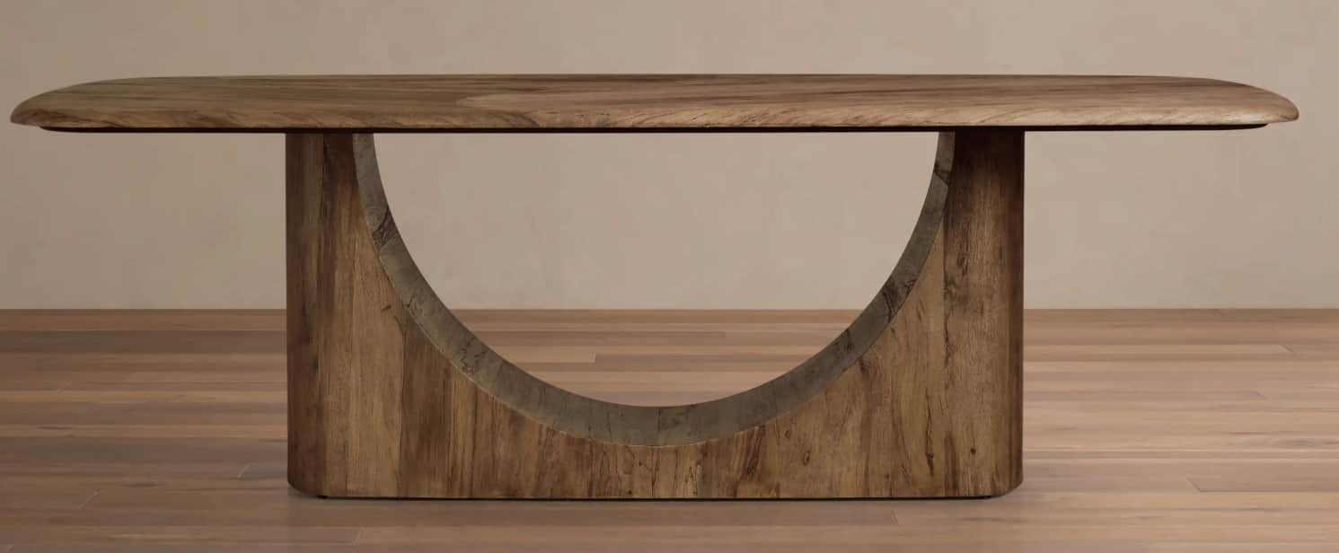 A dining table with a thick, rounded rectangular top and a unique pedestal base. The base consists o… — 3D model