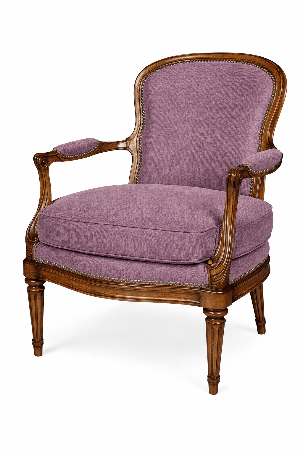 A classic armchair with a carved wooden frame and upholstered seat and back cushions. The upholstery is a textured lavender fabric, and the wooden frame exhibits traditional detailing with fluted legs and curved armrests. The piece is accented with decorative nailhead trim along the edges of the upholstery. — 3D model