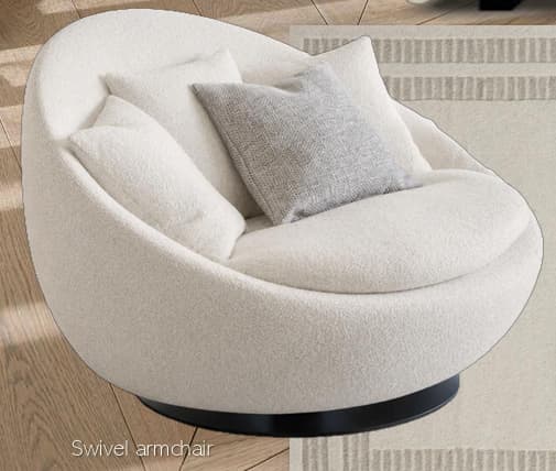 A contemporary lounge chair with a deep, circular form, upholstered in a cream bouclé fabric, set on a dark circular swivel base. It includes several throw pillows for added comfort. — 3D model