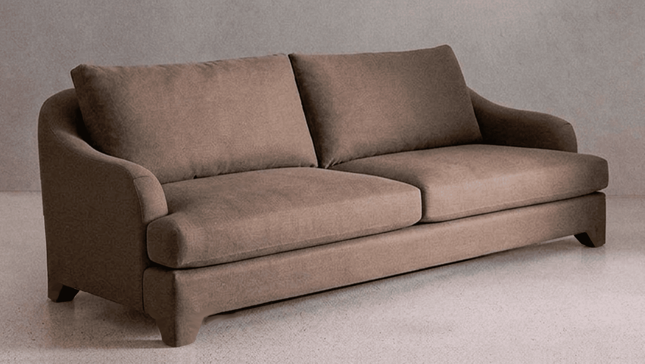 A contemporary three-seater sofa upholstered in a neutral taupe fabric, featuring gently curved arms, two seat cushions, two loose back cushions, and supported by low-profile tapered wooden block feet. — 3D model