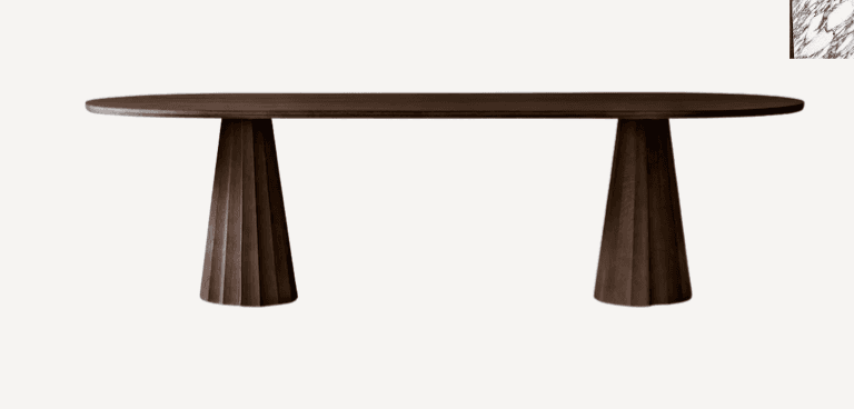 A modern dining table with an elongated oval tabletop and two tapered pedestal bases. The bases feat… — 3D model