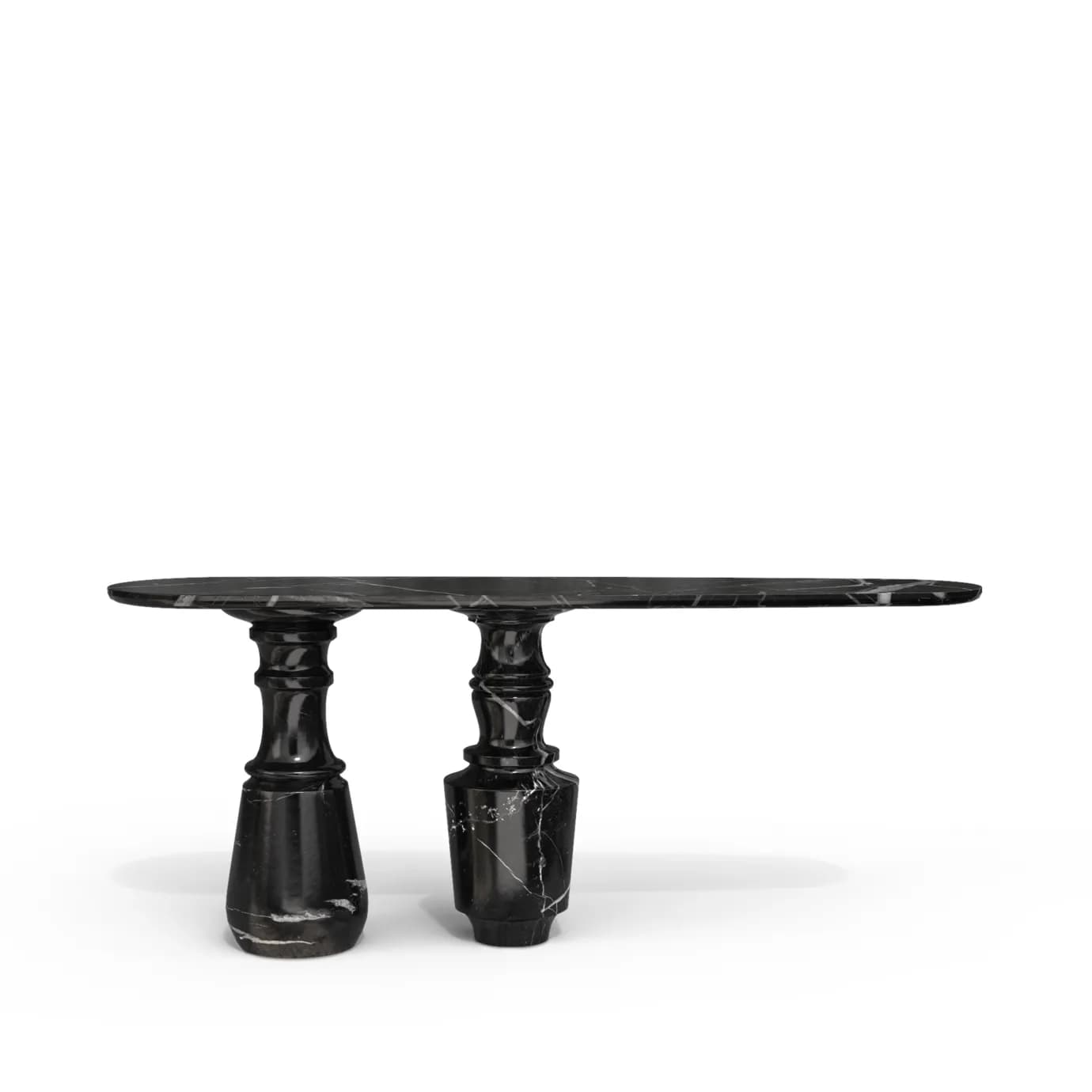 A sophisticated and sculptural console table crafted entirely from black marble with prominent white veining. It features an elongated oval tabletop supported by two distinct, heavily carved baluster-style pedestals, giving it a strong, classical yet contemporary presence. — 3D model