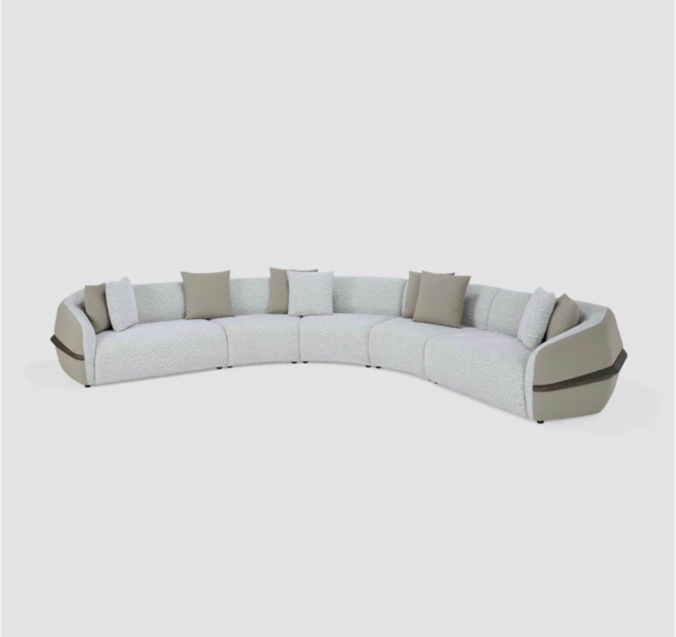 A large, modular, curved sectional sofa upholstered in a textured, light-colored fabric with a subtl… — free GLTF 3D model