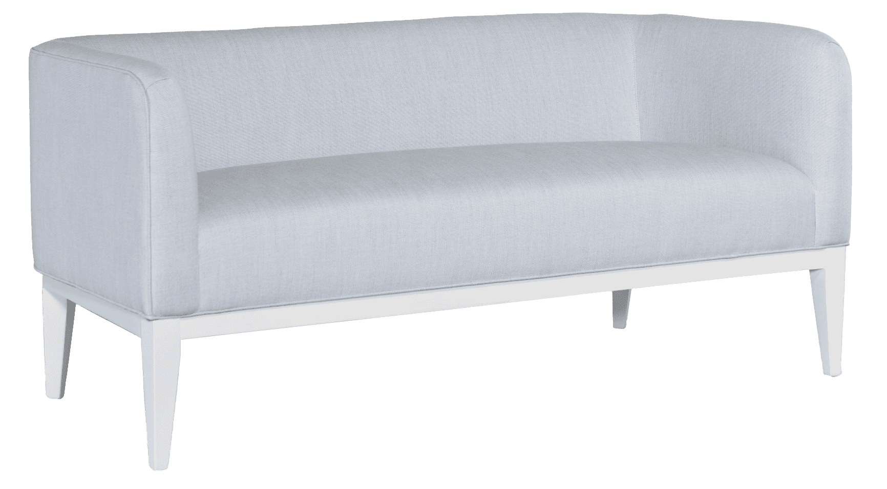 A two-seater sofa with a rounded back and armrests. The sofa has a light blue textured fabric upholstery and a white wooden frame with four tapered legs. — 3D model