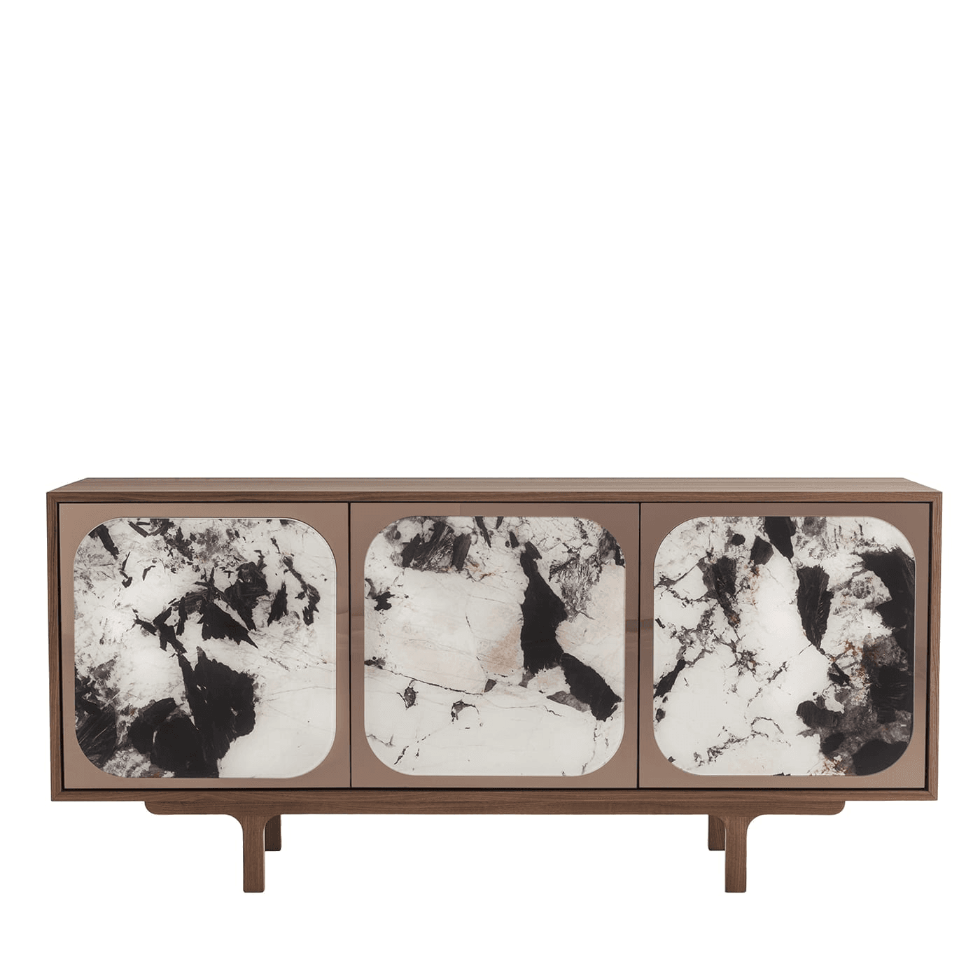 A modern sideboard with a wooden frame and three doors. The doors feature panels with a marble-like pattern in white, black, and pink tones, set within rounded frames. The sideboard is supported by two T-shaped legs at the front and likely has corresponding supports at the rear, though they are not fully visible. — 3D model