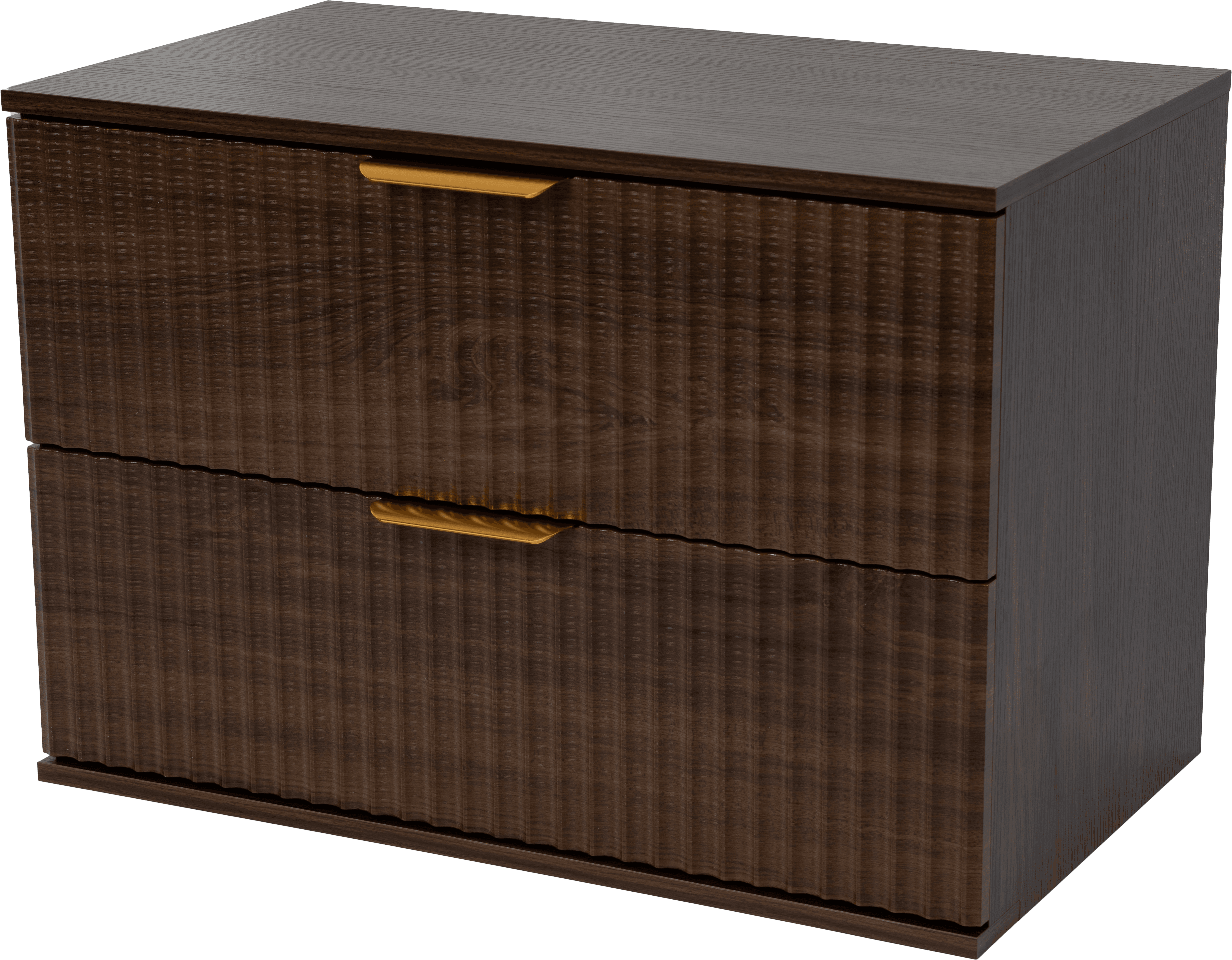A compact, rectangular two-drawer nightstand or accent cabinet featuring a dark brown wood grain finish. The drawer fronts are distinguished by a fluted or reeded texture, creating a visually dynamic surface. Each drawer is equipped with a subtle, integrated golden metallic pull handle. The top and sides of the unit have a smooth, dark wood finish, contrasting with the textured drawers. — 3D model