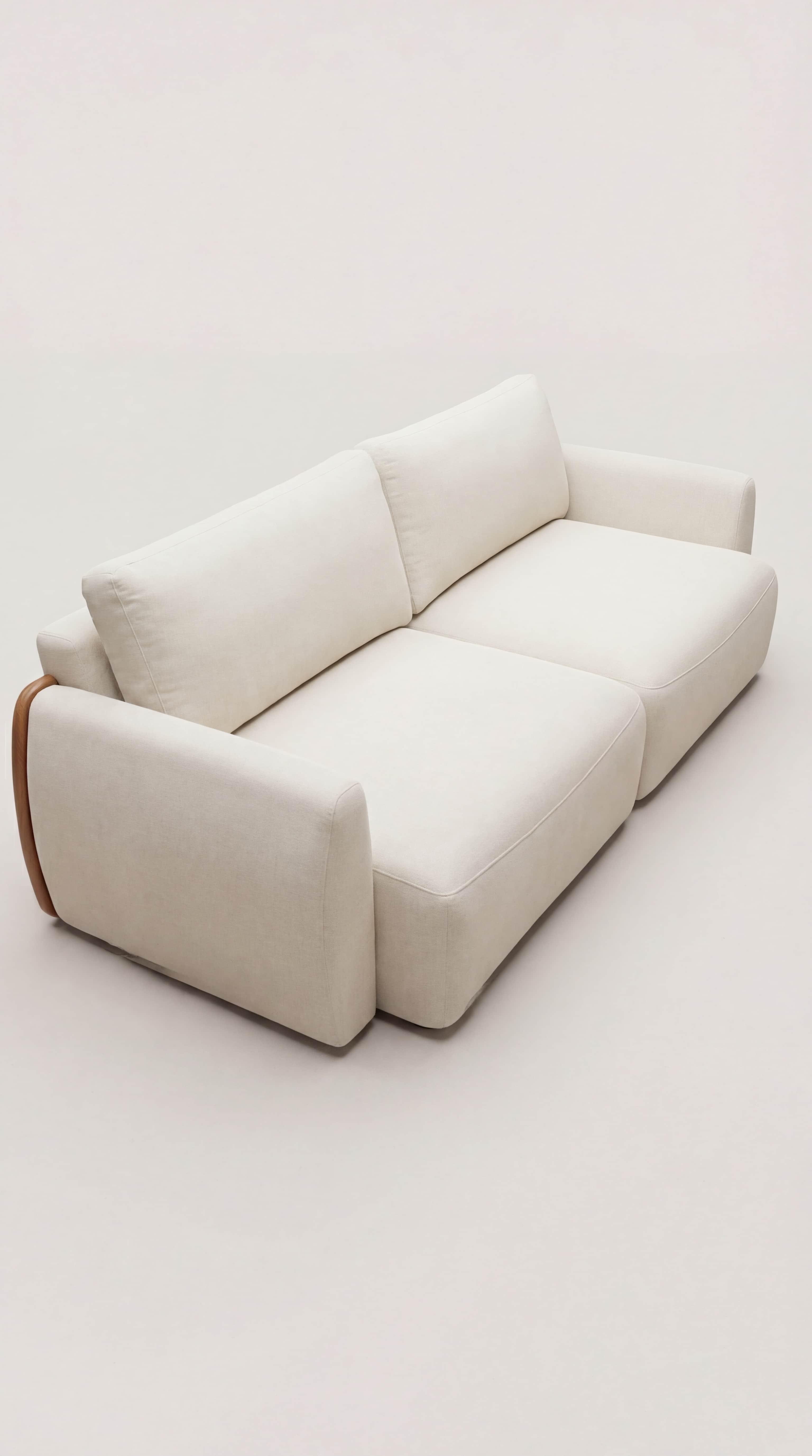 A contemporary two-seater sofa upholstered in a light, cream-colored fabric. The design features sof… — free GLTF 3D model