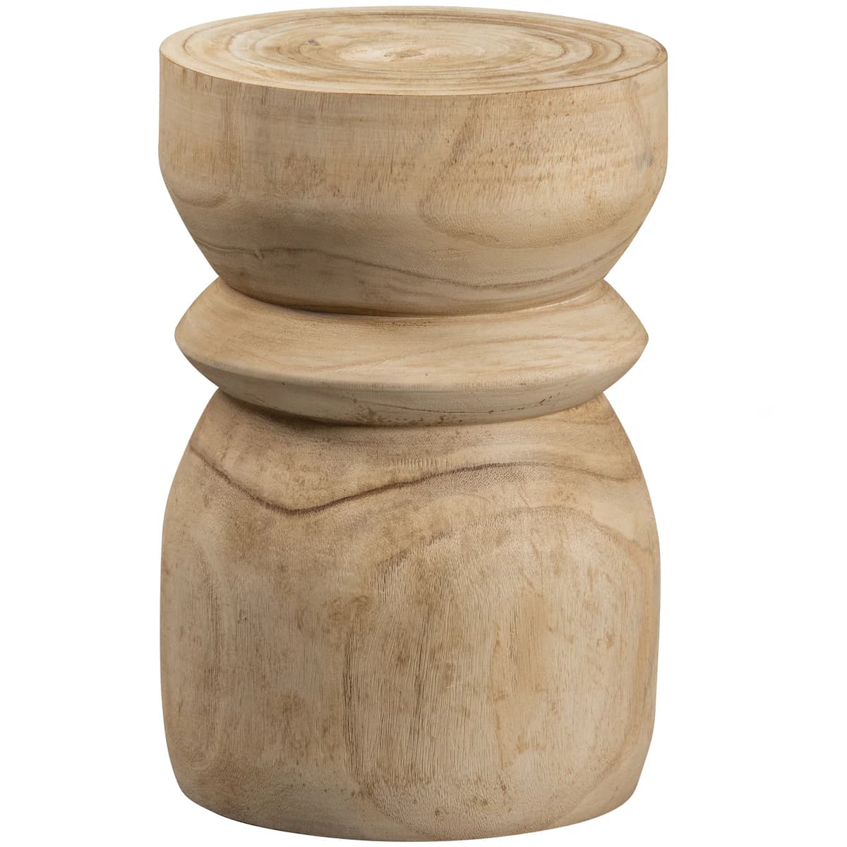 A wooden stool with a turned, hourglass-like silhouette. The top surface is flat and circular, with visible growth rings. The body curves inward significantly in the middle, creating two distinct bulbous sections above and below. — 3D model