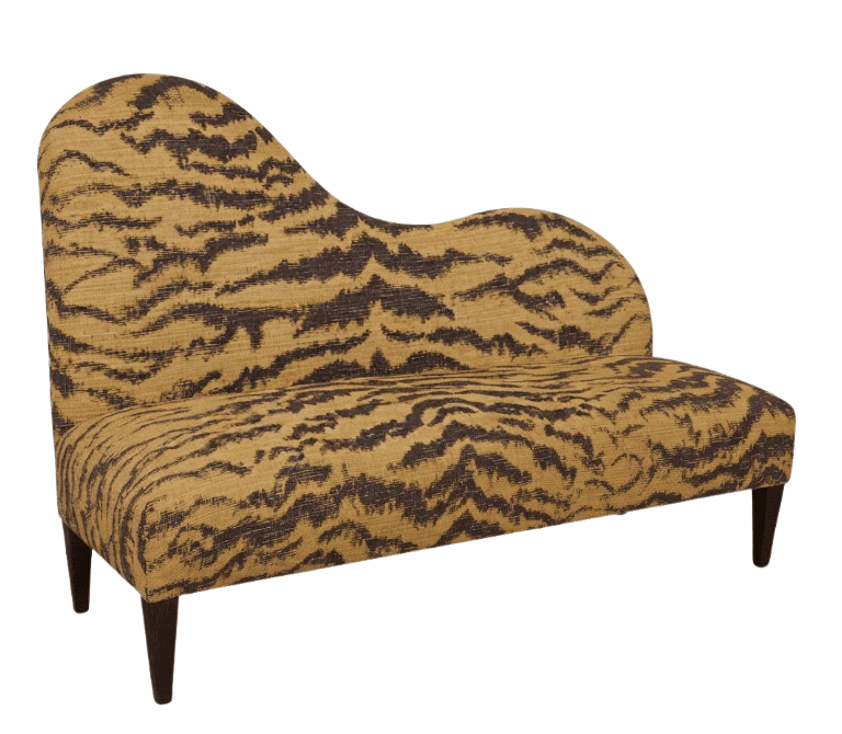 An upholstered chaise lounge featuring an asymmetrical, low-profile backrest that curves down towards one end. The entire piece, including the back and seat, is covered in a striking tiger-stripe patterned fabric in shades of dark brown and golden tan. It stands on four slender, tapered dark wood legs. — 3D model