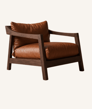 A contemporary lounge chair featuring a dark stained solid wood frame and thick, plush brown leather… — 3D model