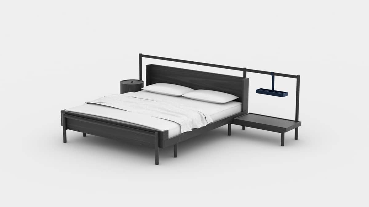 A modern dark wood bed frame with a headboard, accompanied by a cylindrical nightstand on one side a… — free OBJ 3D model