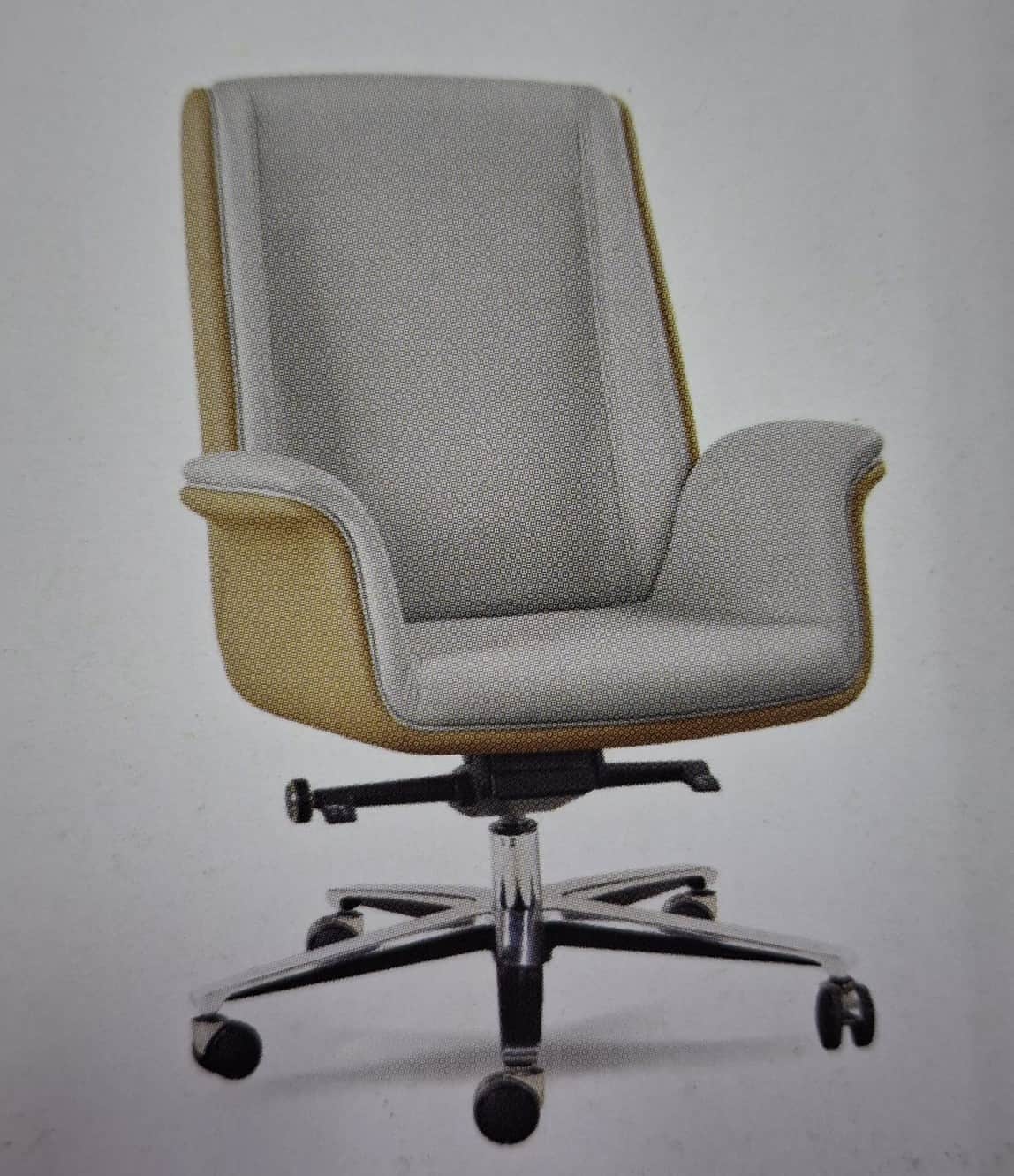 A modern office chair featuring a high back, padded seat, and fixed armrests. The chair is upholster… — 3D model