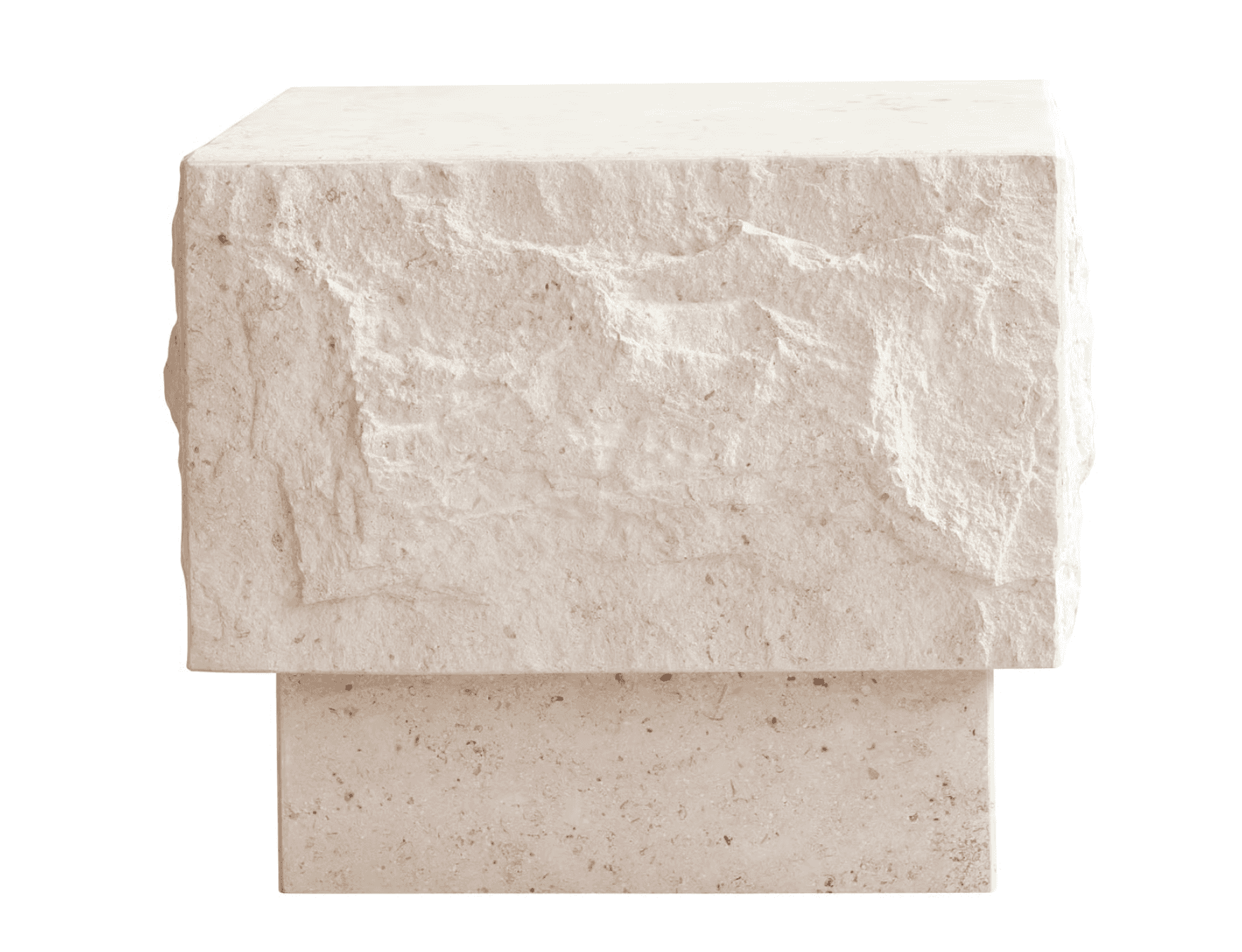 A robust side table constructed from two solid blocks of travertine, featuring a larger, roughly chi… — 3D model