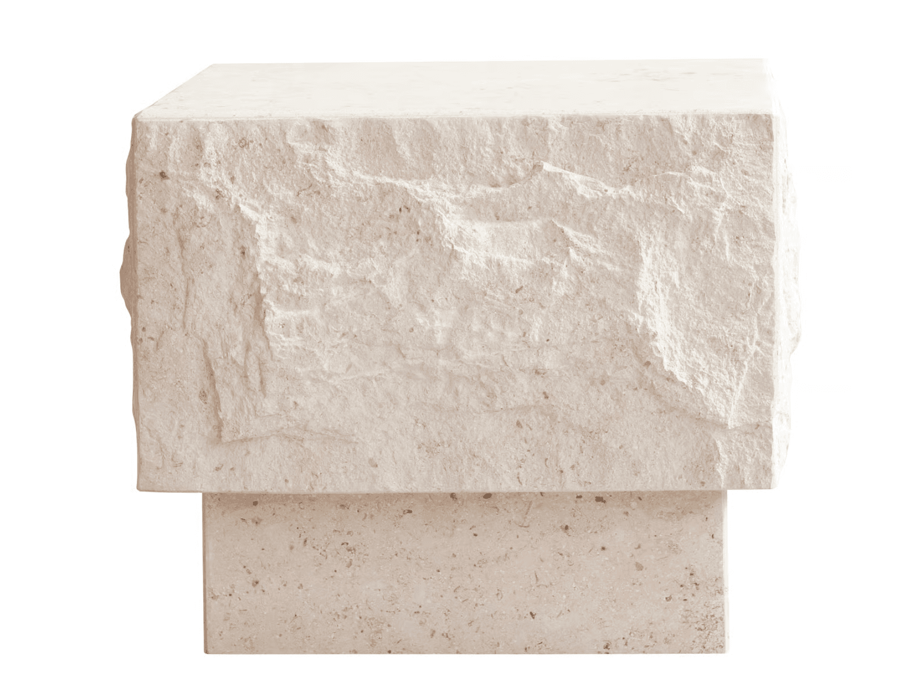 A robust side table constructed from two solid blocks of travertine, featuring a larger, roughly chiseled rectangular top section resting upon a smaller, smoother rectangular base. The natural stone displays varying textures and tones. — 3D model
