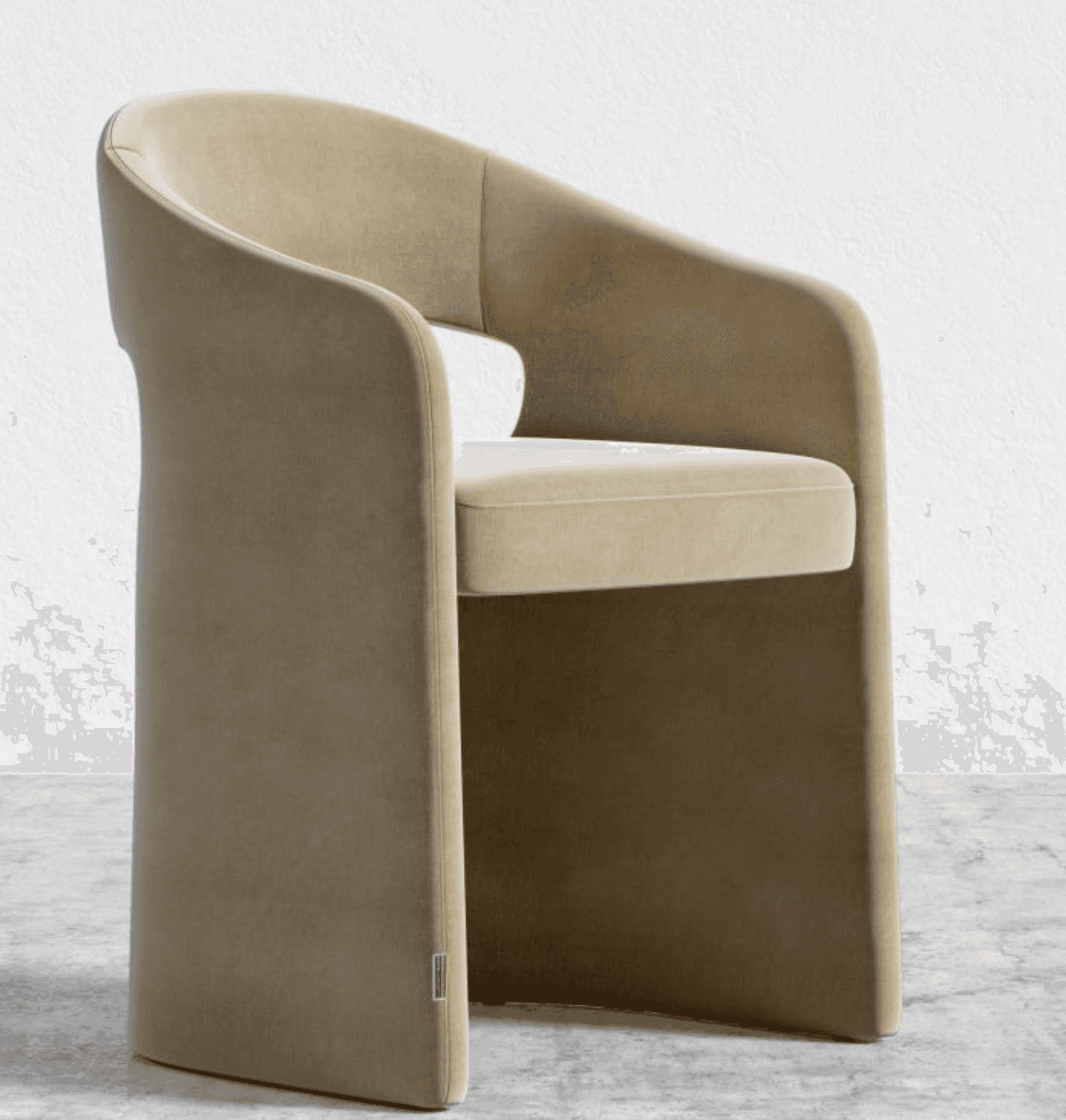 A contemporary armchair with a solid, curved back that extends to form the armrests. The seat is uph… — 3D model