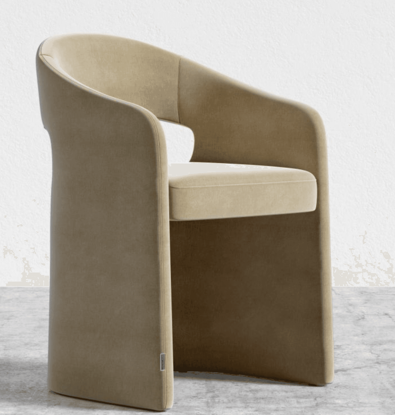 A contemporary armchair with a solid, curved back that extends to form the armrests. The seat is upholstered and slightly recessed within the structure. The base is integrated into the main body of the chair, creating a substantial and modern silhouette. — 3D model