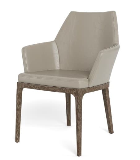 A contemporary dining armchair featuring a greige upholstered seat, backrest, and integrated armrests, set atop a dark wood base with tapered legs. The chair has a sleek, modern design with clean lines and a subtly angled back. — 3D model