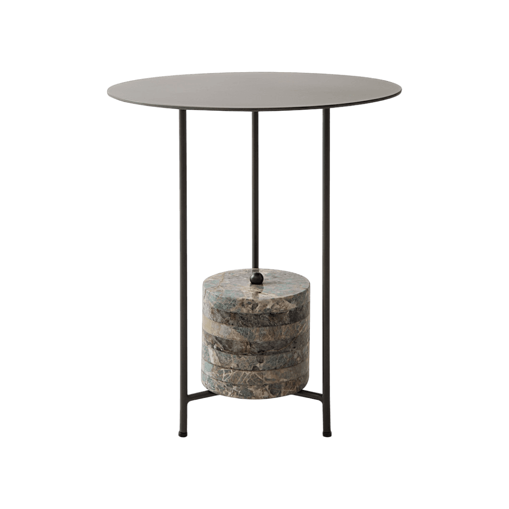 A contemporary side table with a round dark gray metal top, slender dark metal legs, and a cylindrical base made of stacked variegated marble or stone slices, featuring a small dark finial on top. — 3D model
