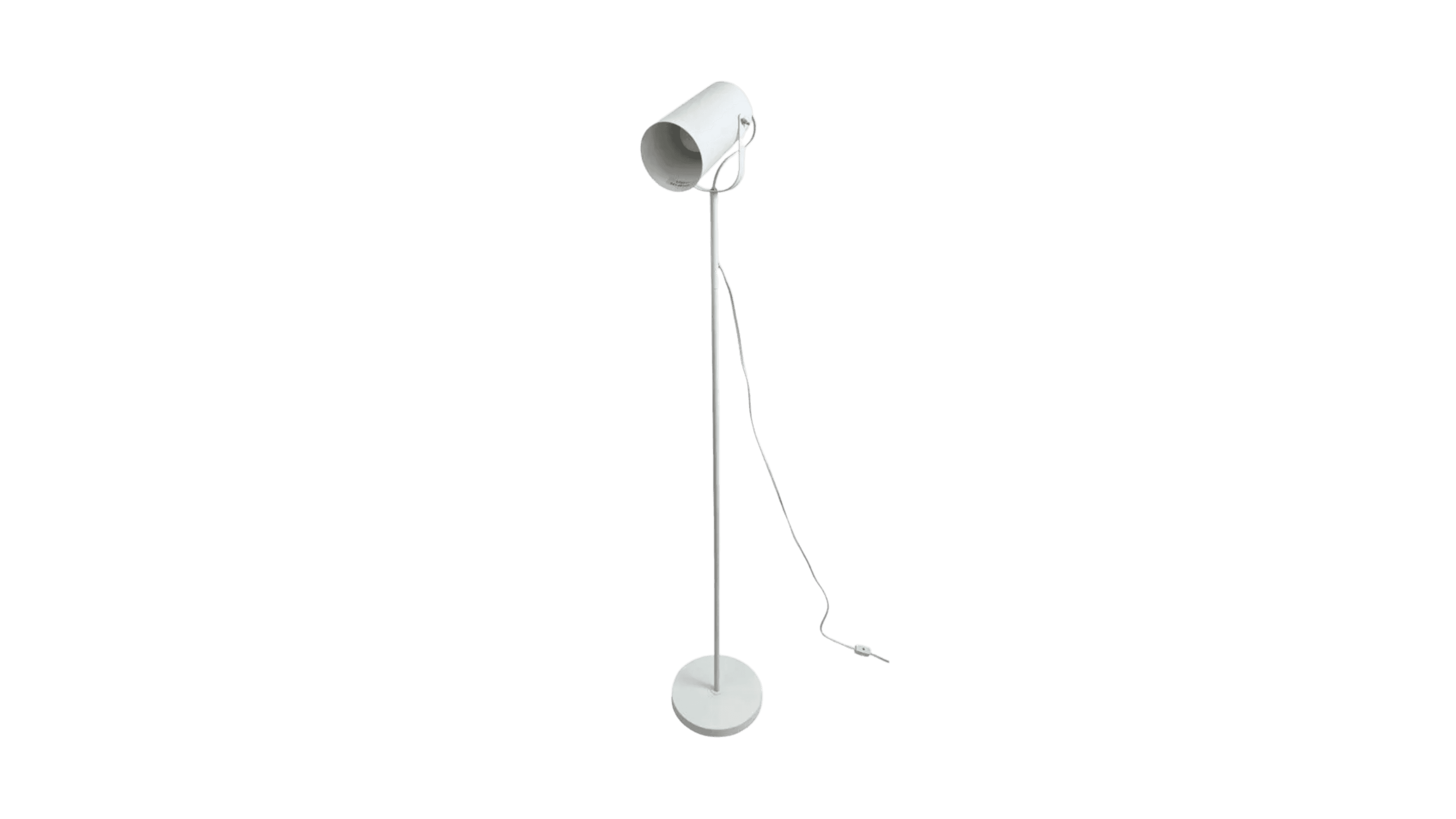A white floor lamp with a cylindrical shade on a slender pole and a circular base. The lamp has an adjustable head and a visible power cord with a switch. — 3D model