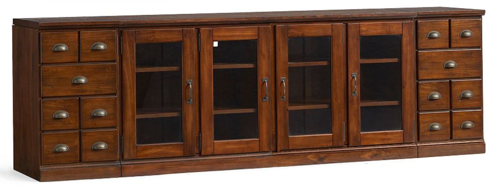 A long, wooden cabinet with a dark brown finish. The central section features four glass-fronted doors, each revealing two shelves. The left and right sides of the cabinet are composed of multiple drawers of varying sizes, each with a cup-shaped metal pull. The top surface is flat and extends slightly beyond the body of the cabinet. — 3D model
