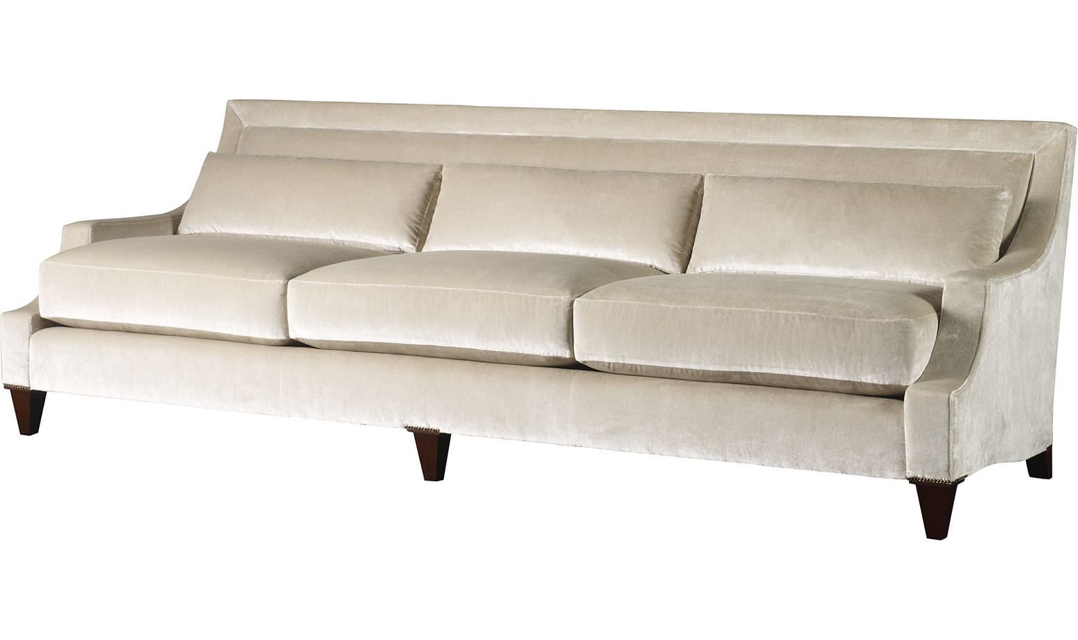 A three-seater sofa with a high, straight back and gently curved arms. It features three seat cushions and three loose back cushions upholstered in a soft, textured fabric. The sofa is supported by four short, dark wooden legs. — 3D model