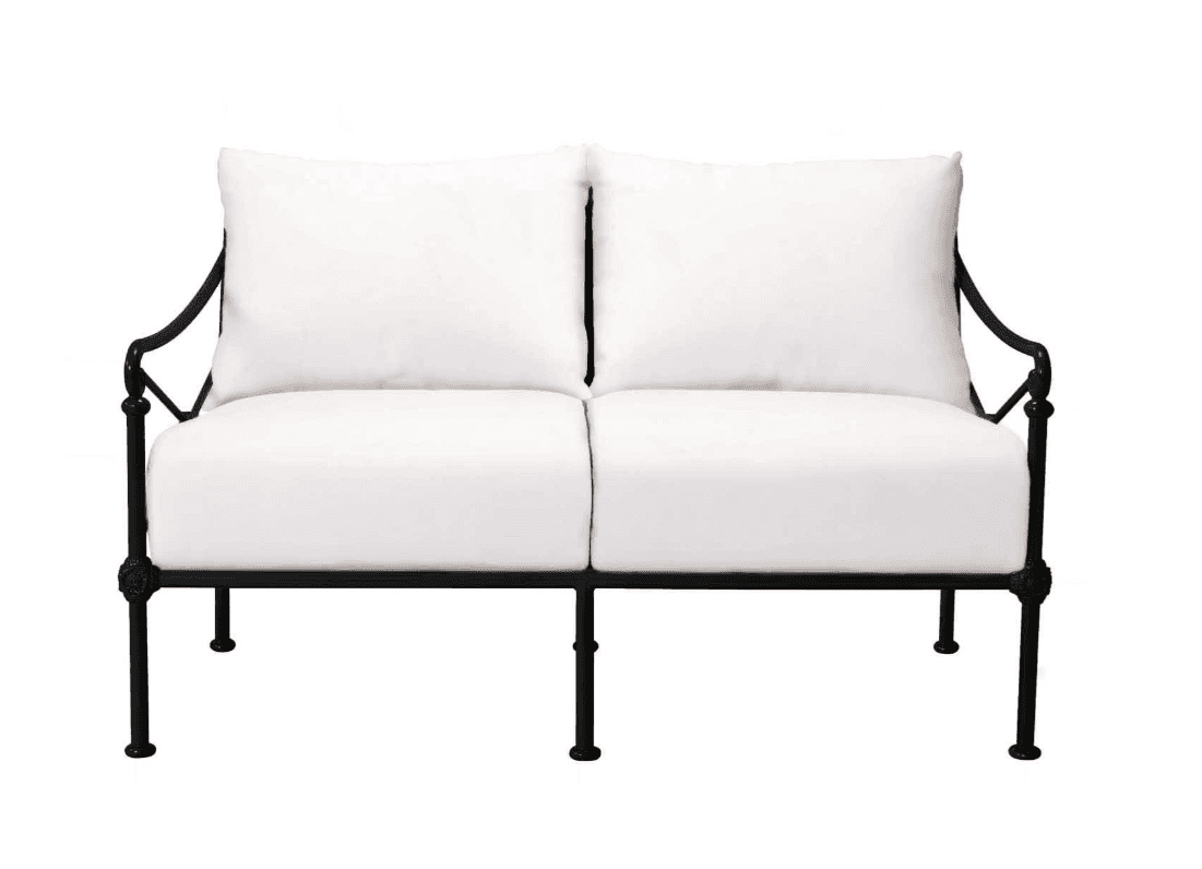 A two-seater sofa with a black metal frame and white upholstered cushions. The frame features curved… — 3D model