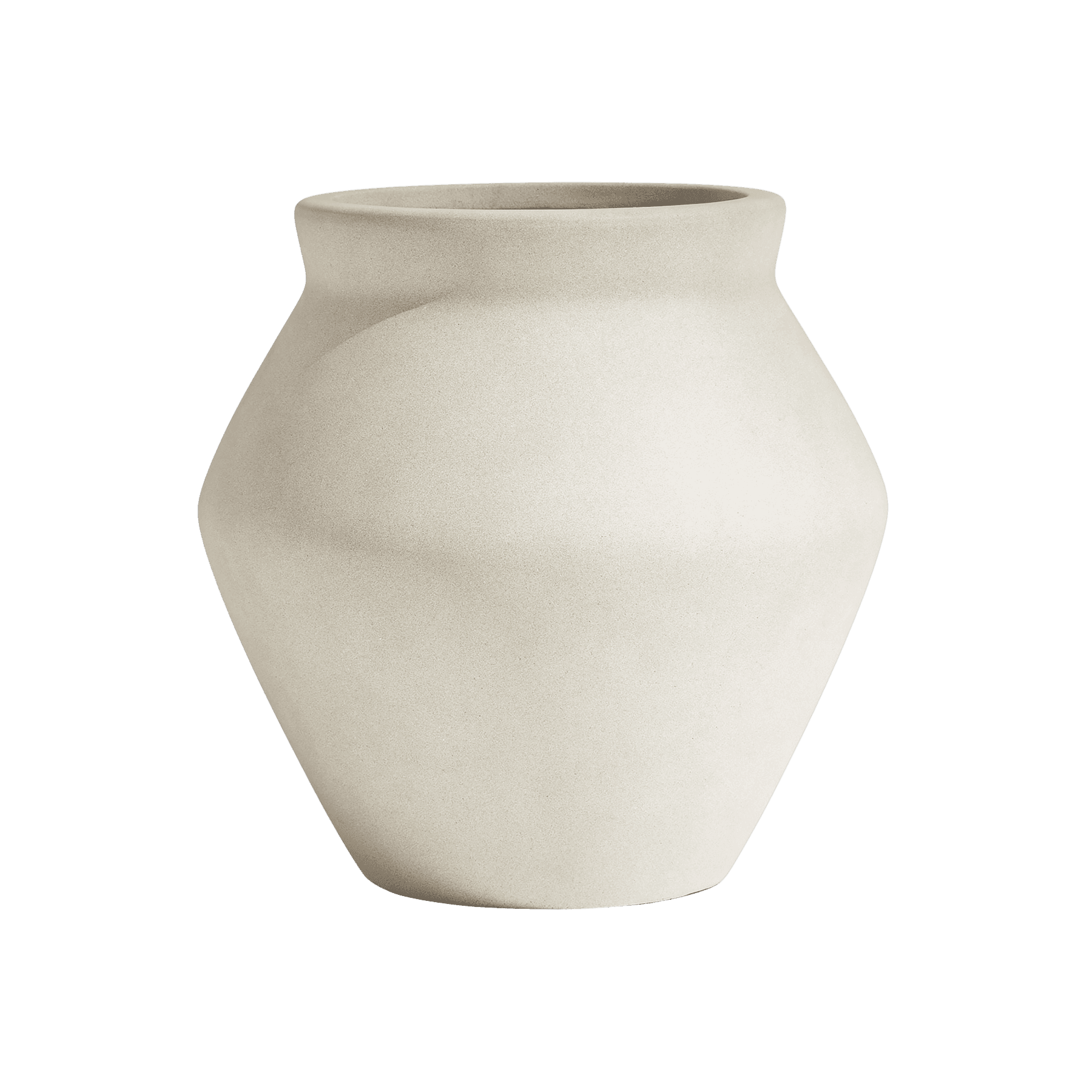 A minimalist, light beige ceramic vase with a smooth, matte finish. The vase features a wide, gently fluted rim that tapers inward slightly before expanding into a bulbous body, then narrowing towards a stable, flat base. Its contemporary design emphasizes clean lines and a soft, uniform texture. — 3D model