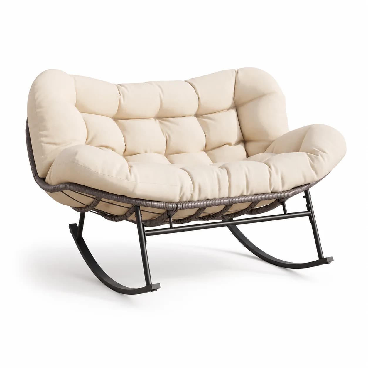A wide, contemporary rocking chair designed for two people, featuring a dark brown woven synthetic rattan frame and generously padded, tufted cream-colored cushions, all resting on a sturdy black metal rocking base. — 3D model